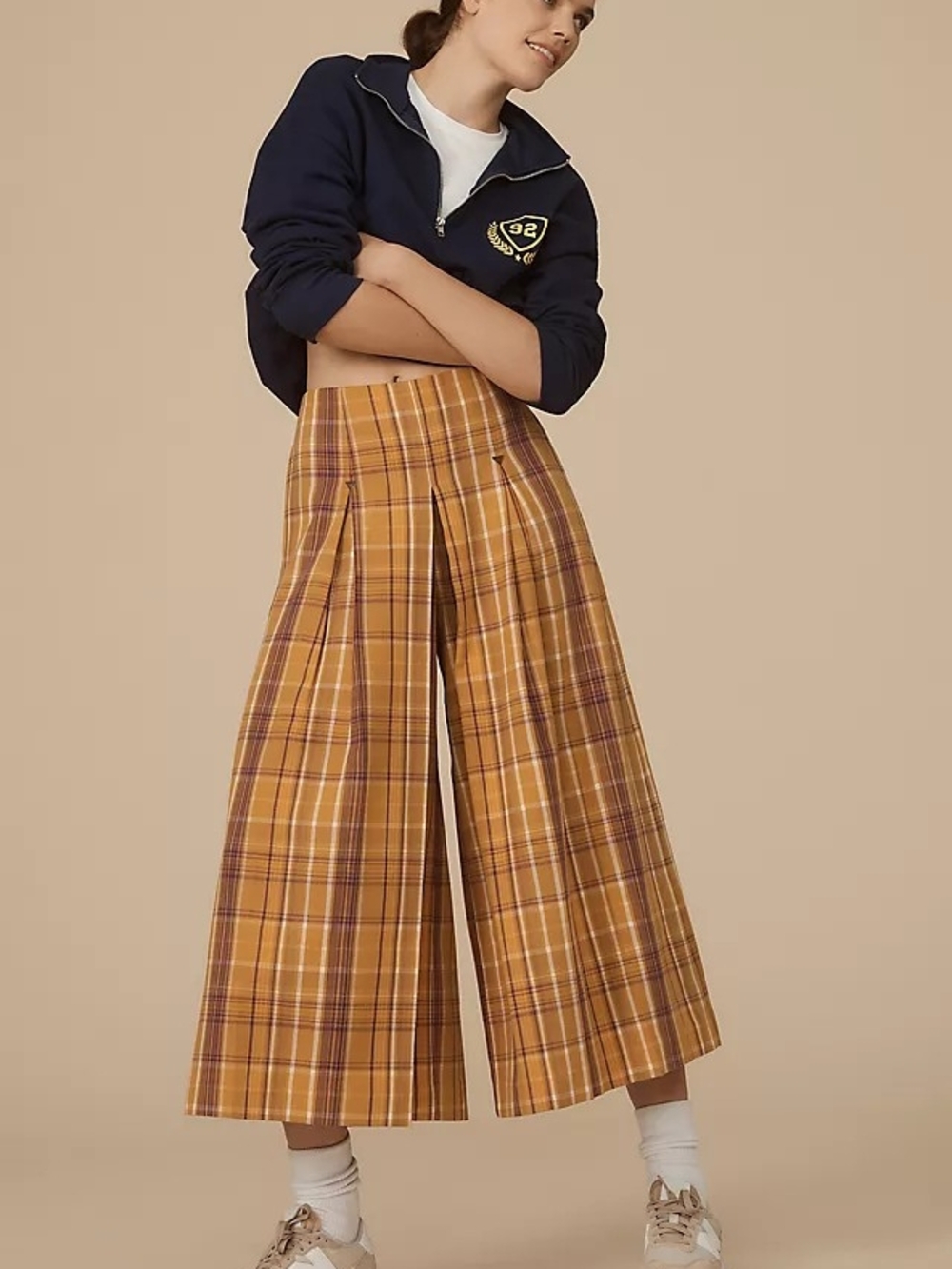 Anthropologie Maeve Mustard Plaid Kilt Wide-Leg Culotte Pants